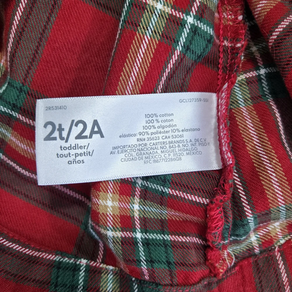 Carters Girl Red Green Ivory Plaid Long Sleeve Ruffle Flannel Holiday Top 2T NWT
